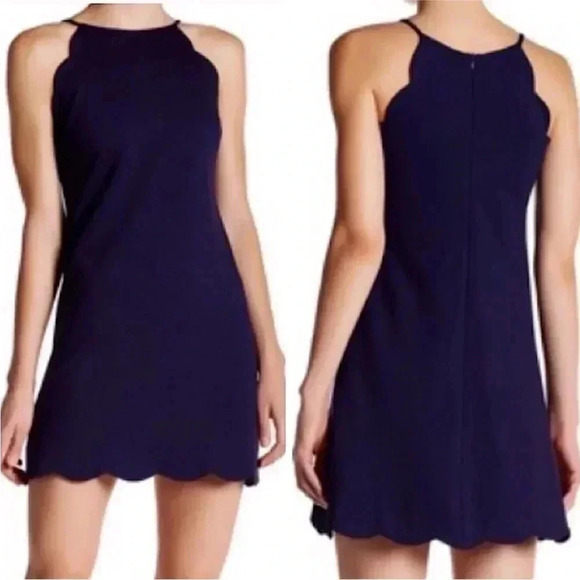 NWT AQUA Navy Blue Sleeveless Halter Neck Scalloped Trim Mini Skater Dress Sz L - Picture 1 of 10